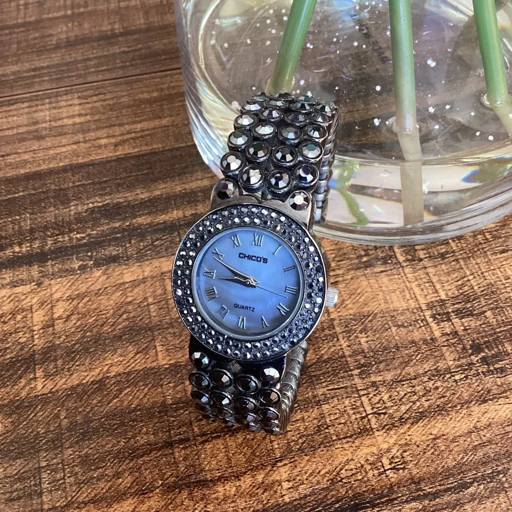 Chico's Rhinestone Crystal Inlay Black Cuff Bracelet Women's Watch Needs Battery